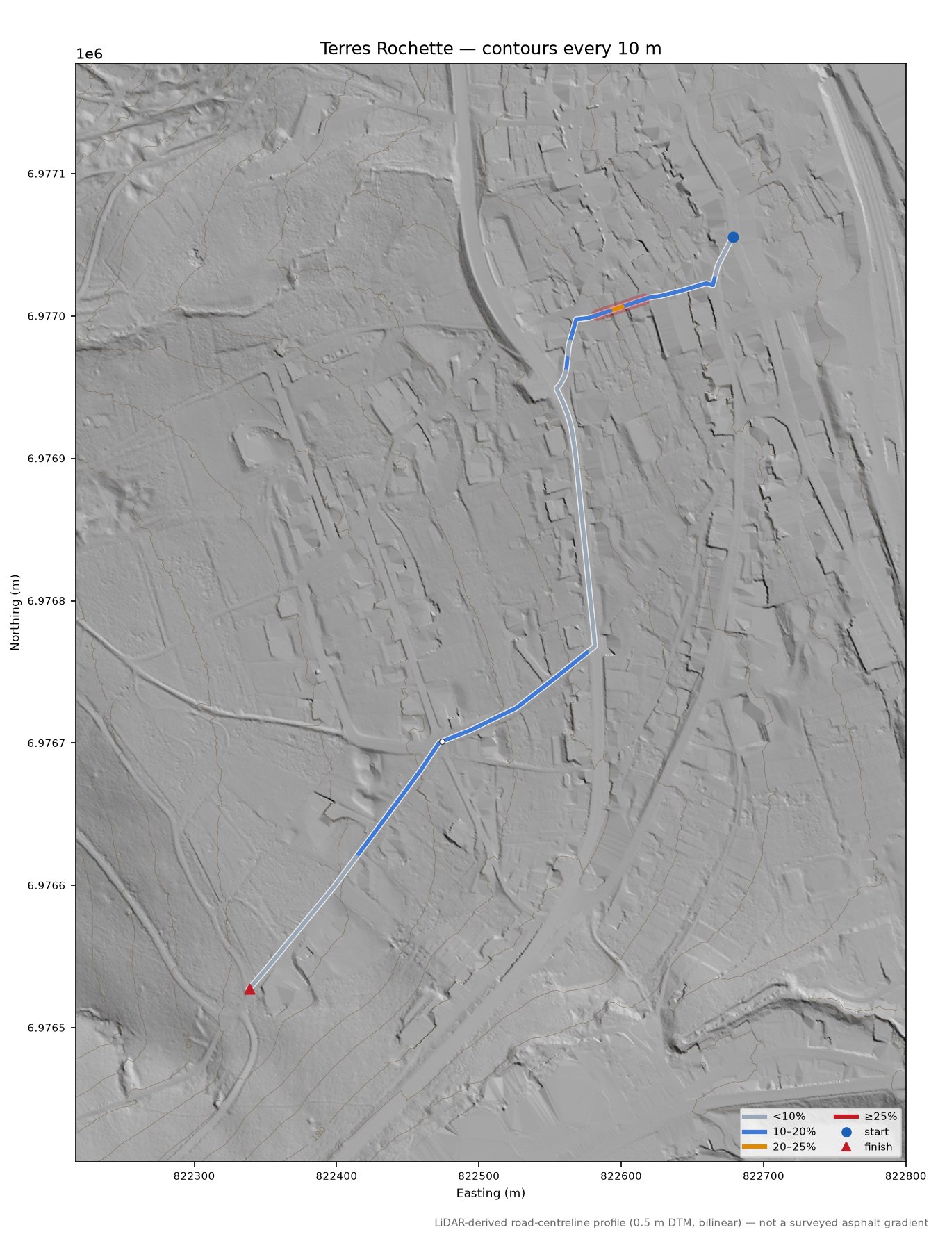 Terres Rochette LiDAR hillshade map with contours