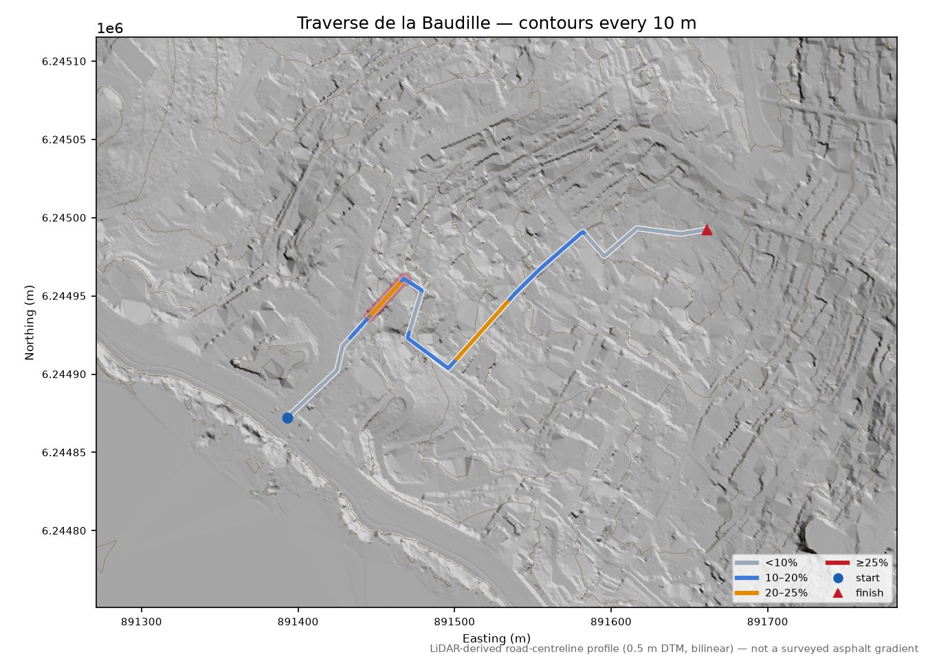 Traverse de la Baudille LiDAR hillshade map with contours