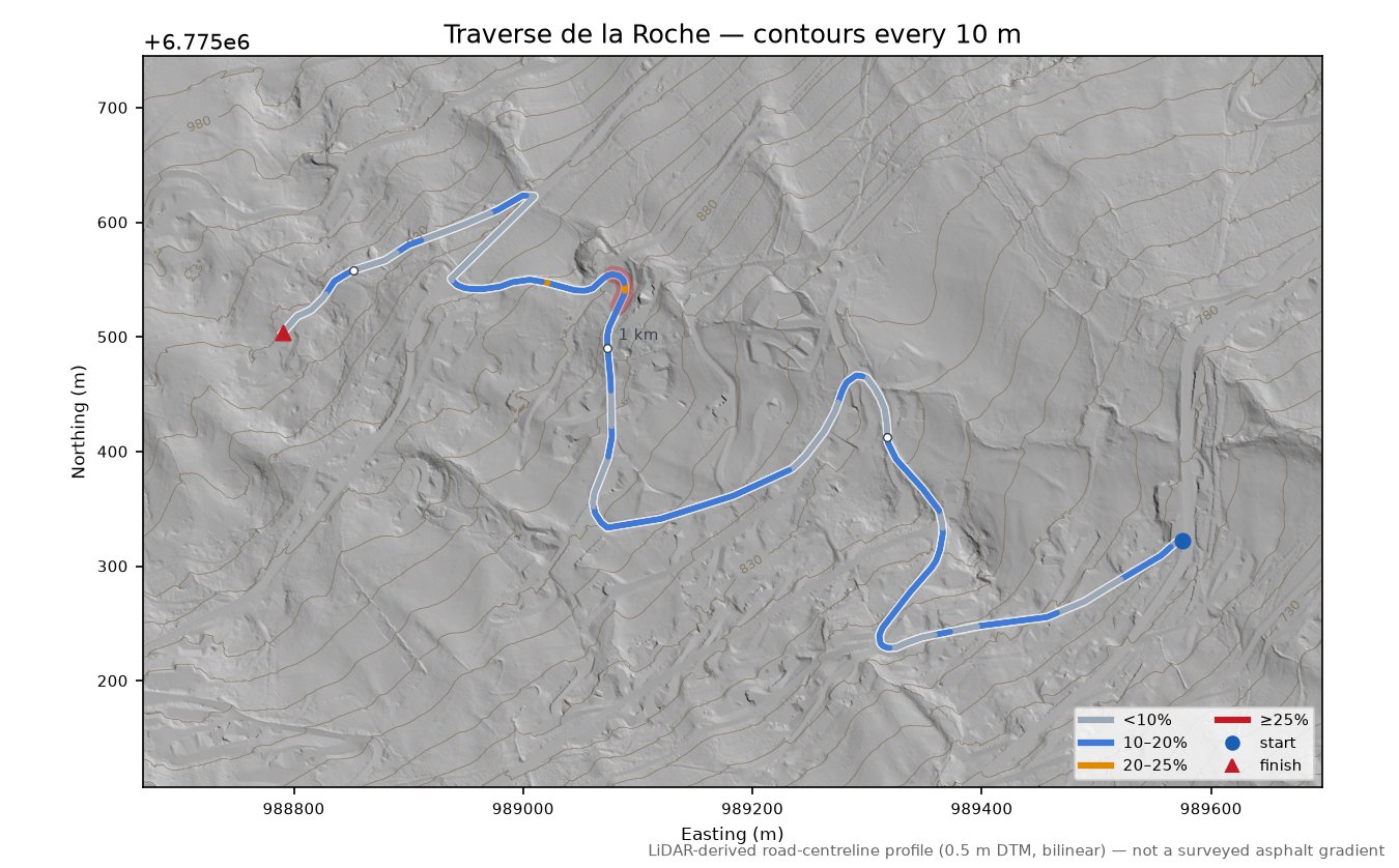 Traverse de la Roche LiDAR hillshade map with contours