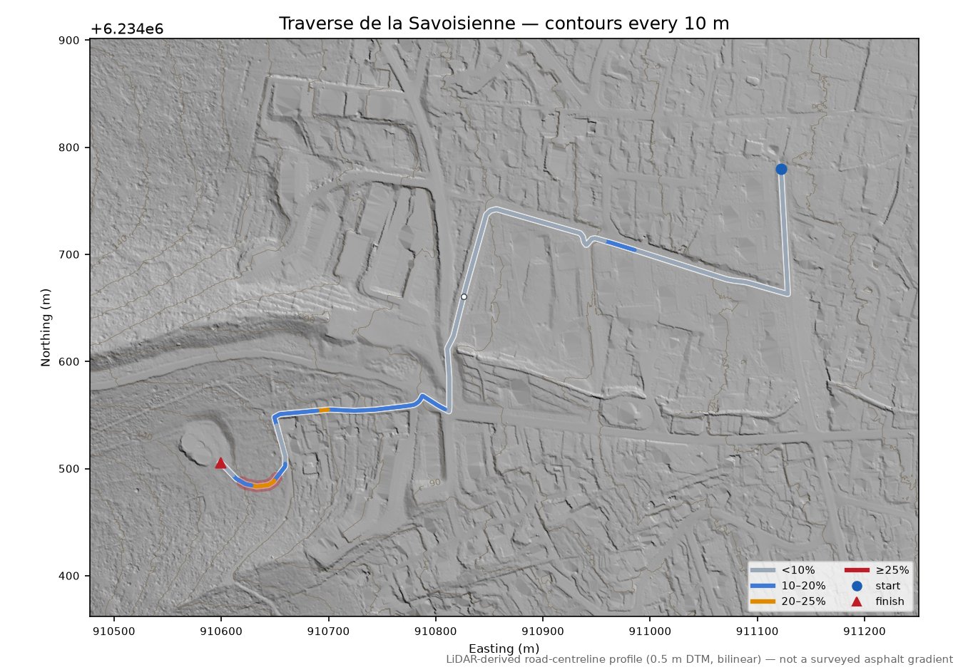 Traverse de la Savoisienne LiDAR hillshade map with contours