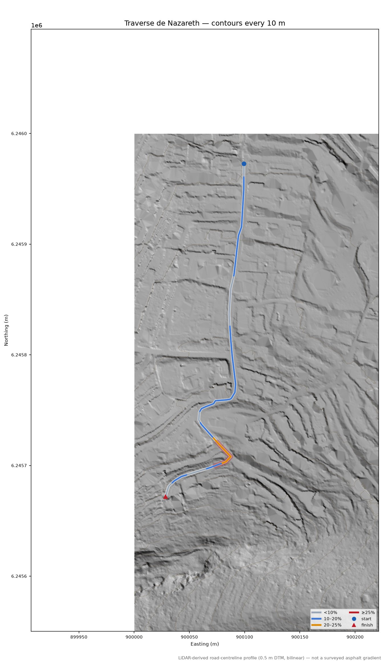 Traverse de Nazareth LiDAR hillshade map with contours