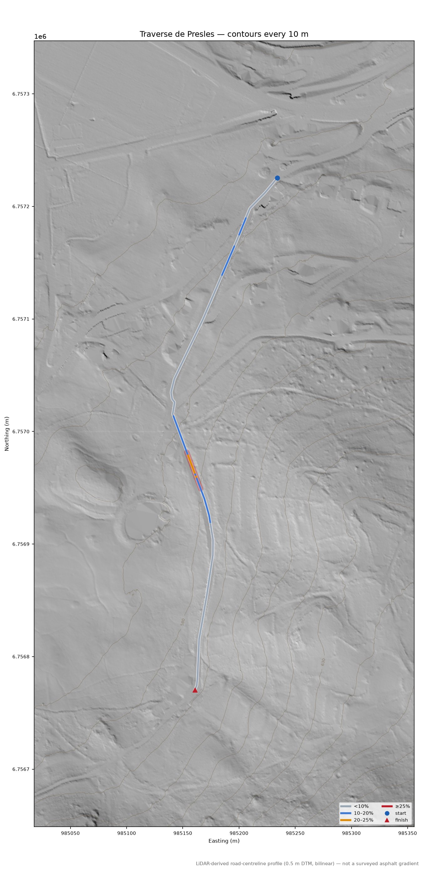 Traverse de Presles LiDAR hillshade map with contours