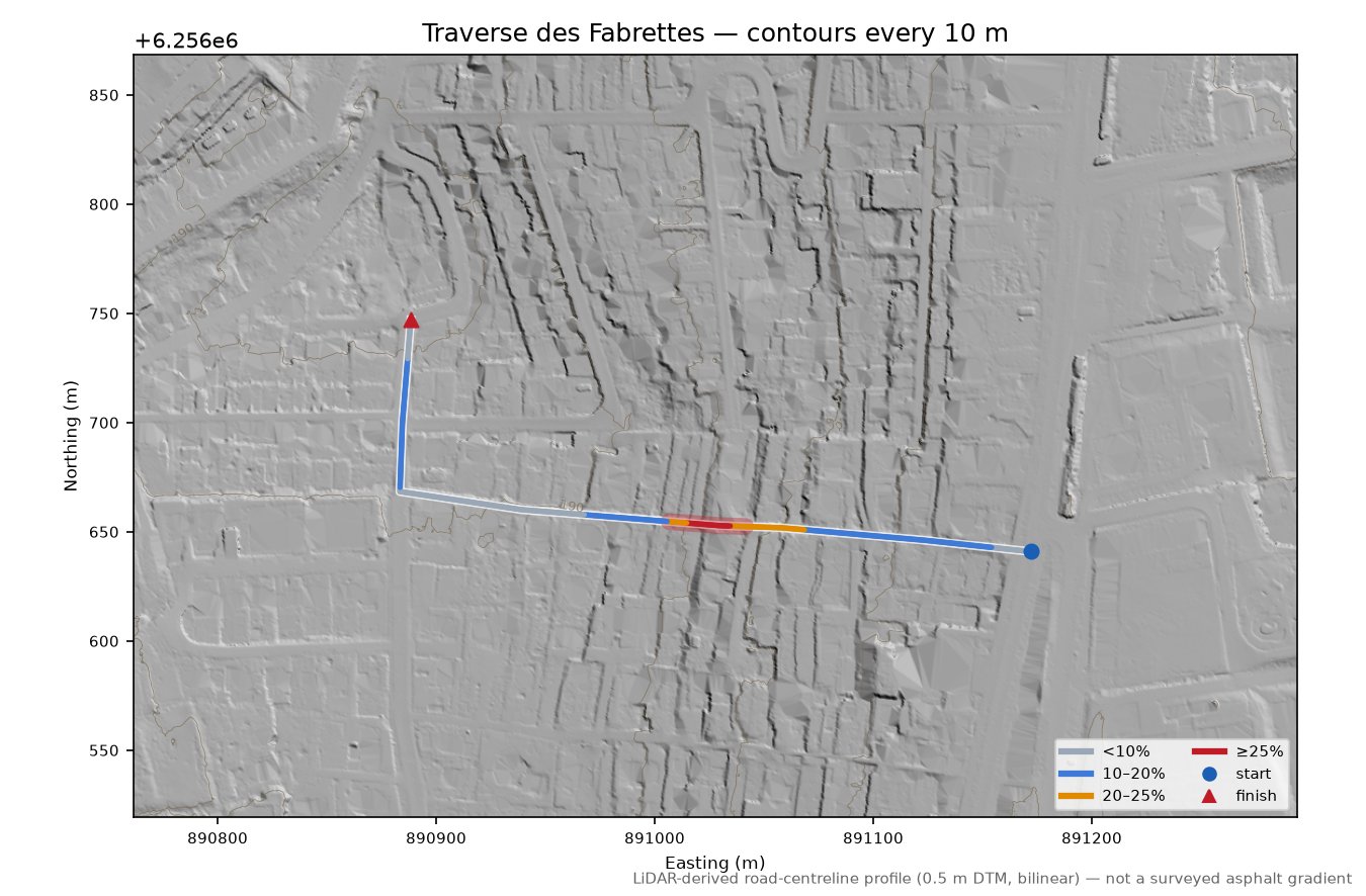 Traverse des Fabrettes LiDAR hillshade map with contours