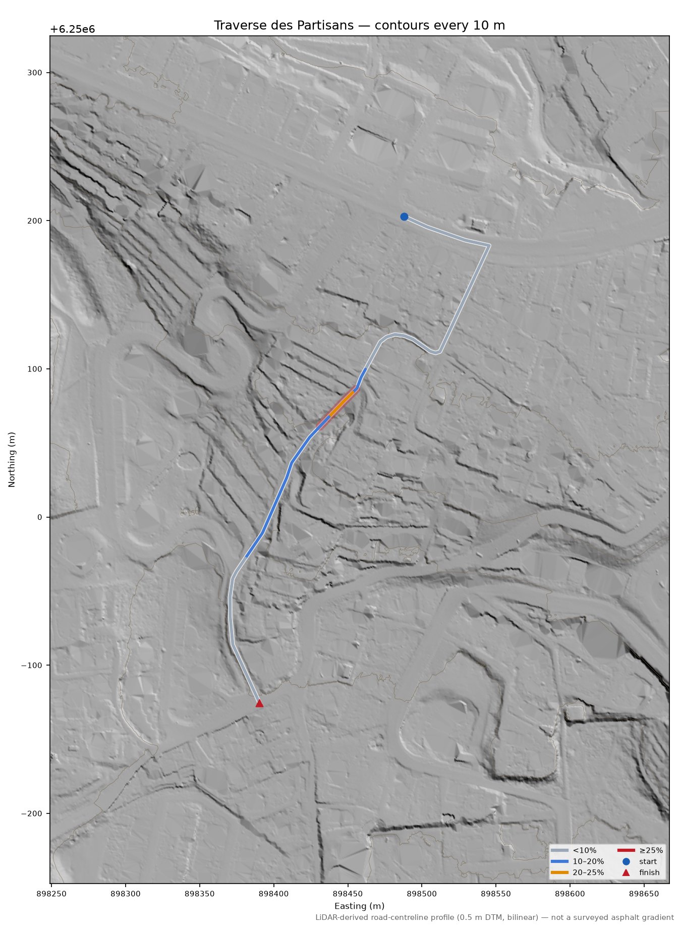 Traverse des Partisans LiDAR hillshade map with contours