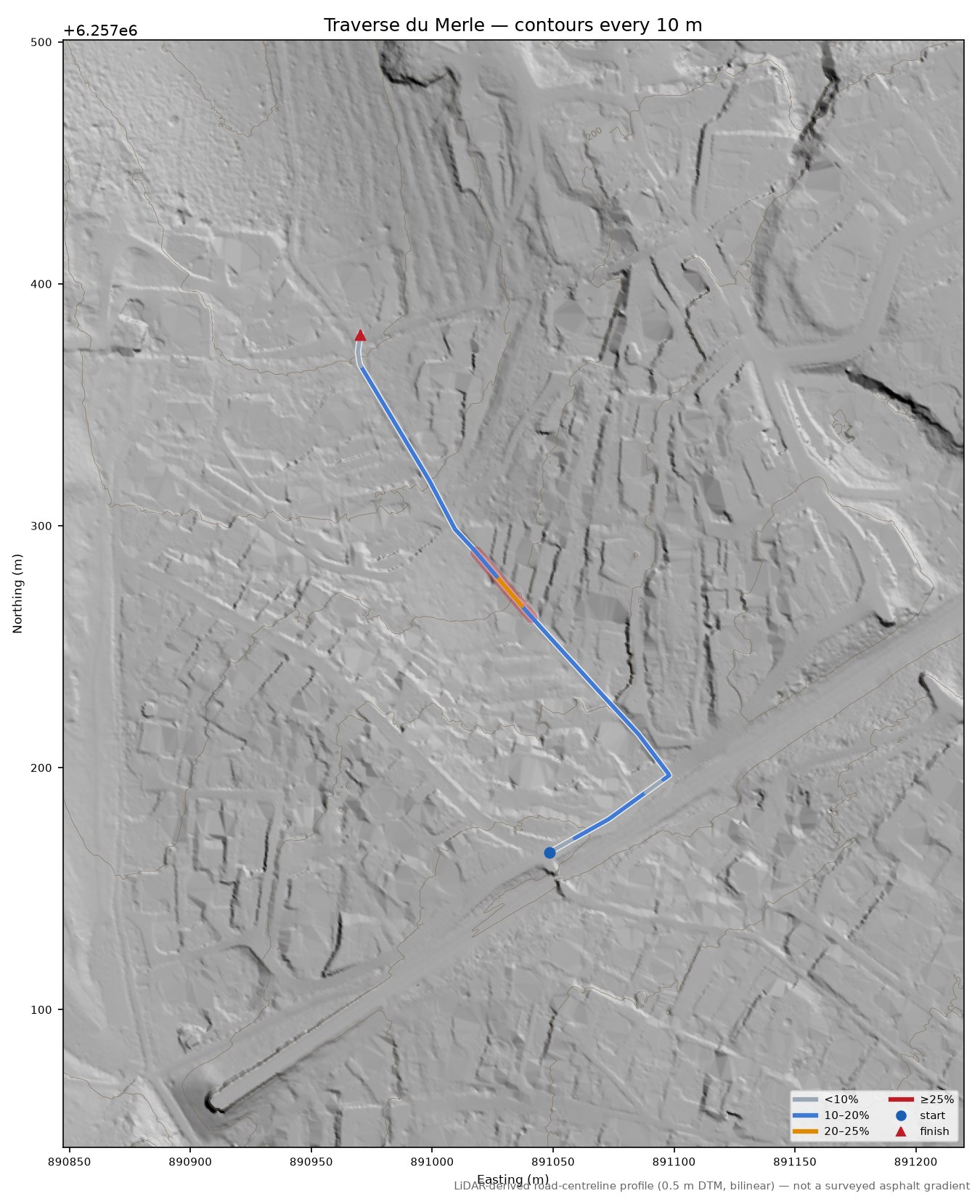 Traverse du Merle LiDAR hillshade map with contours