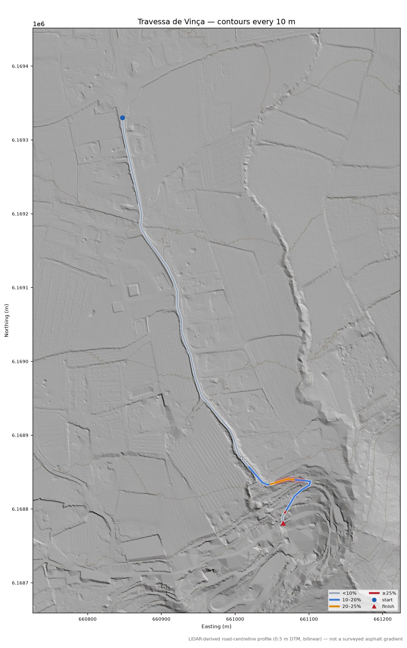 Travessa de Vinça LiDAR hillshade map with contours