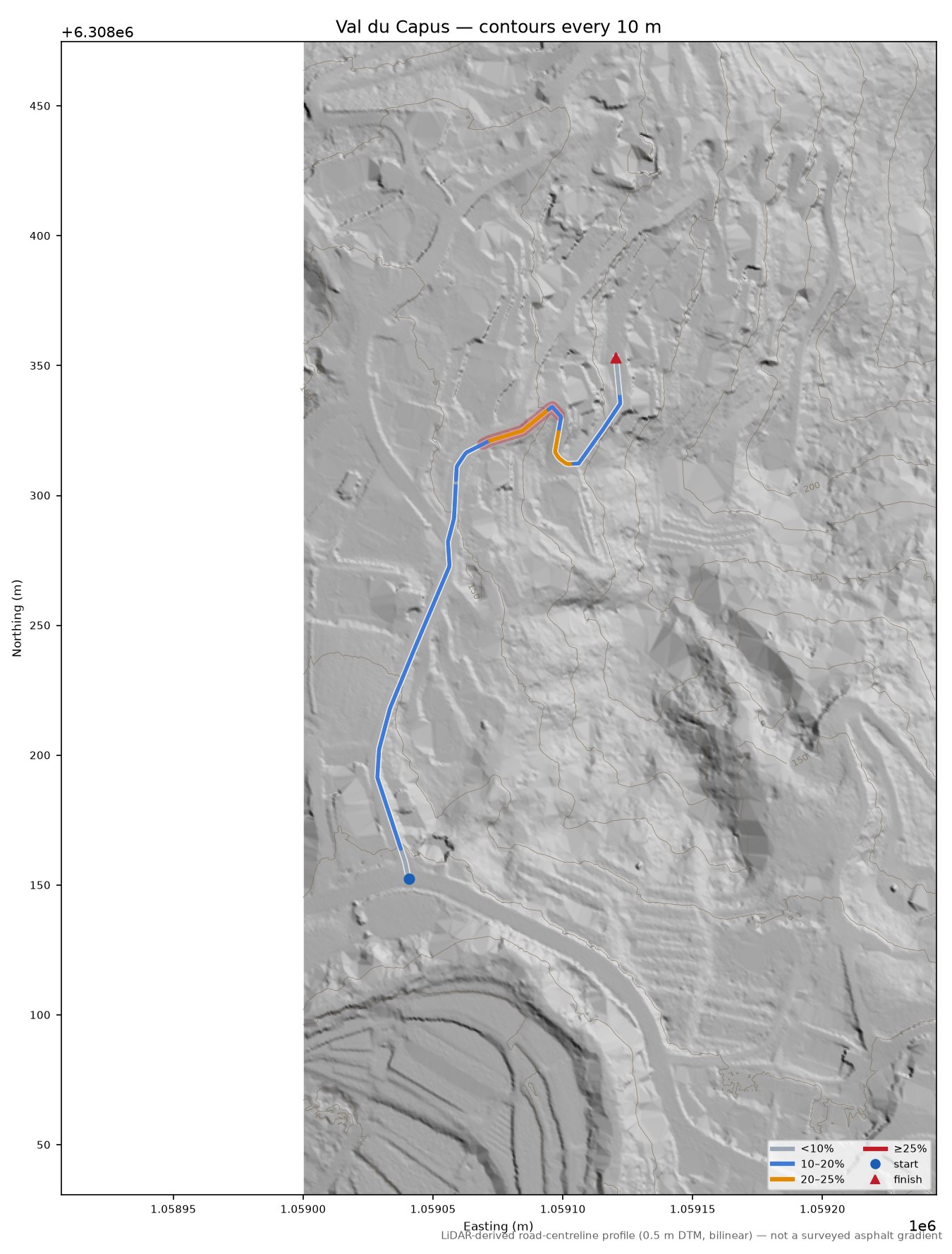 Val du Capus LiDAR hillshade map with contours