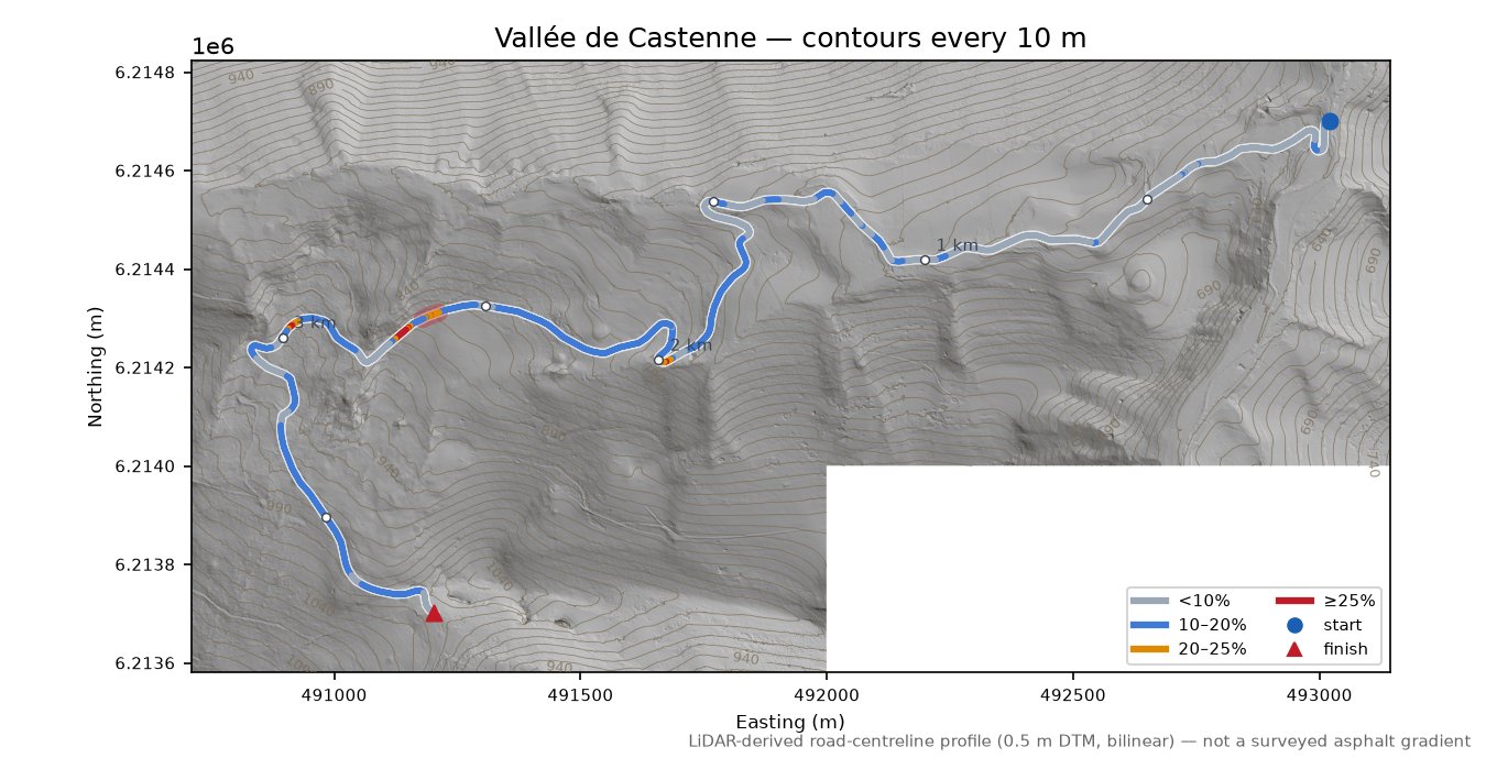 Vallée de Castenne LiDAR hillshade map with contours