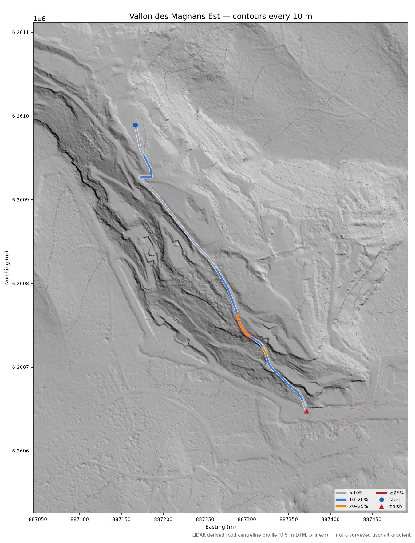 Vallon des Magnans Est LiDAR hillshade map with contours