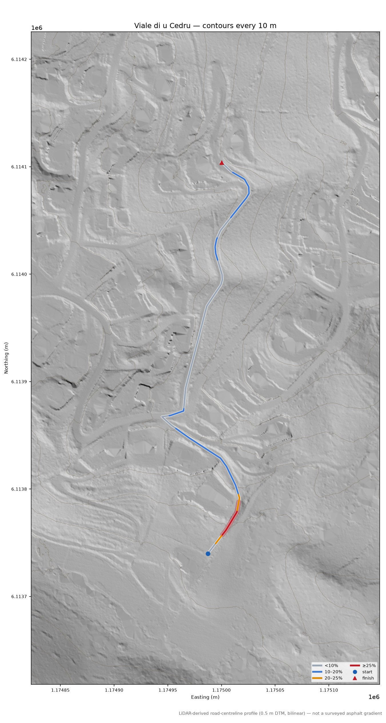 Viale di u Cedru LiDAR hillshade map with contours