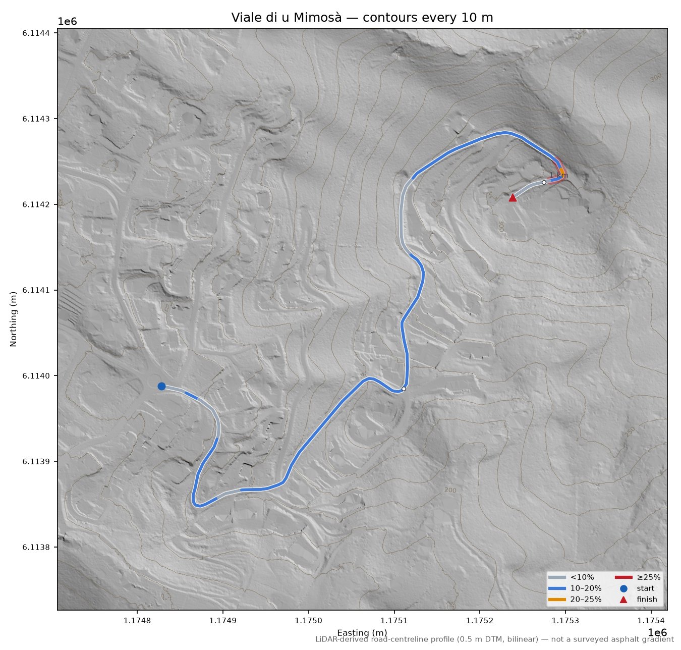 Viale di u Mimosà LiDAR hillshade map with contours