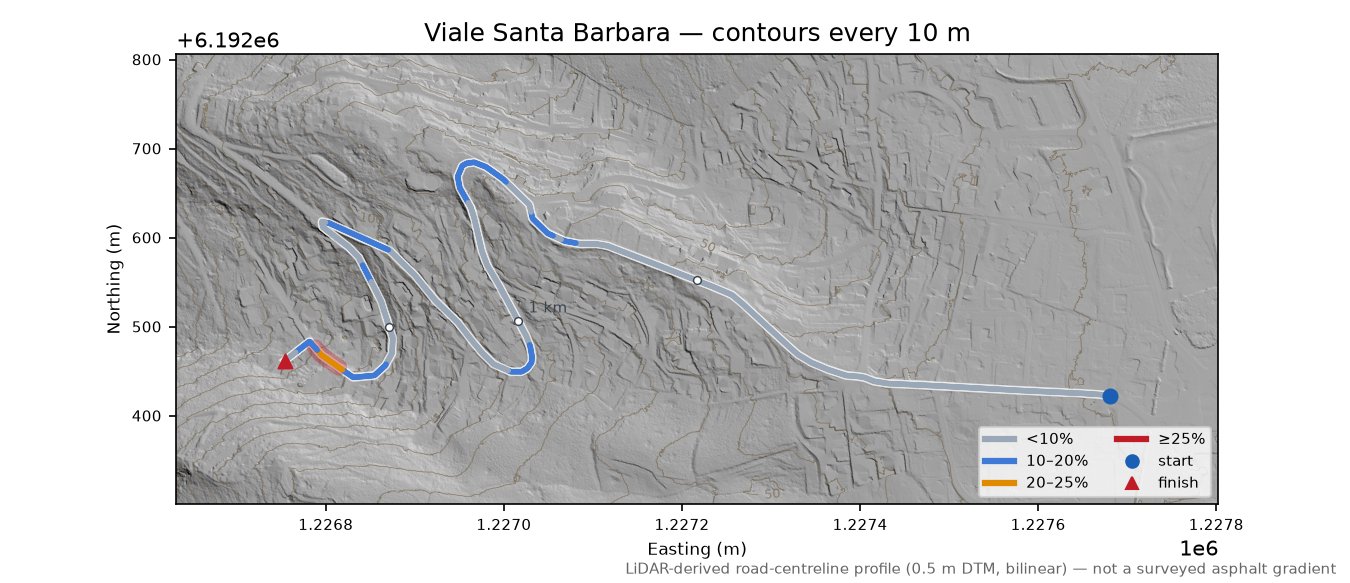 Viale Santa Barbara LiDAR hillshade map with contours