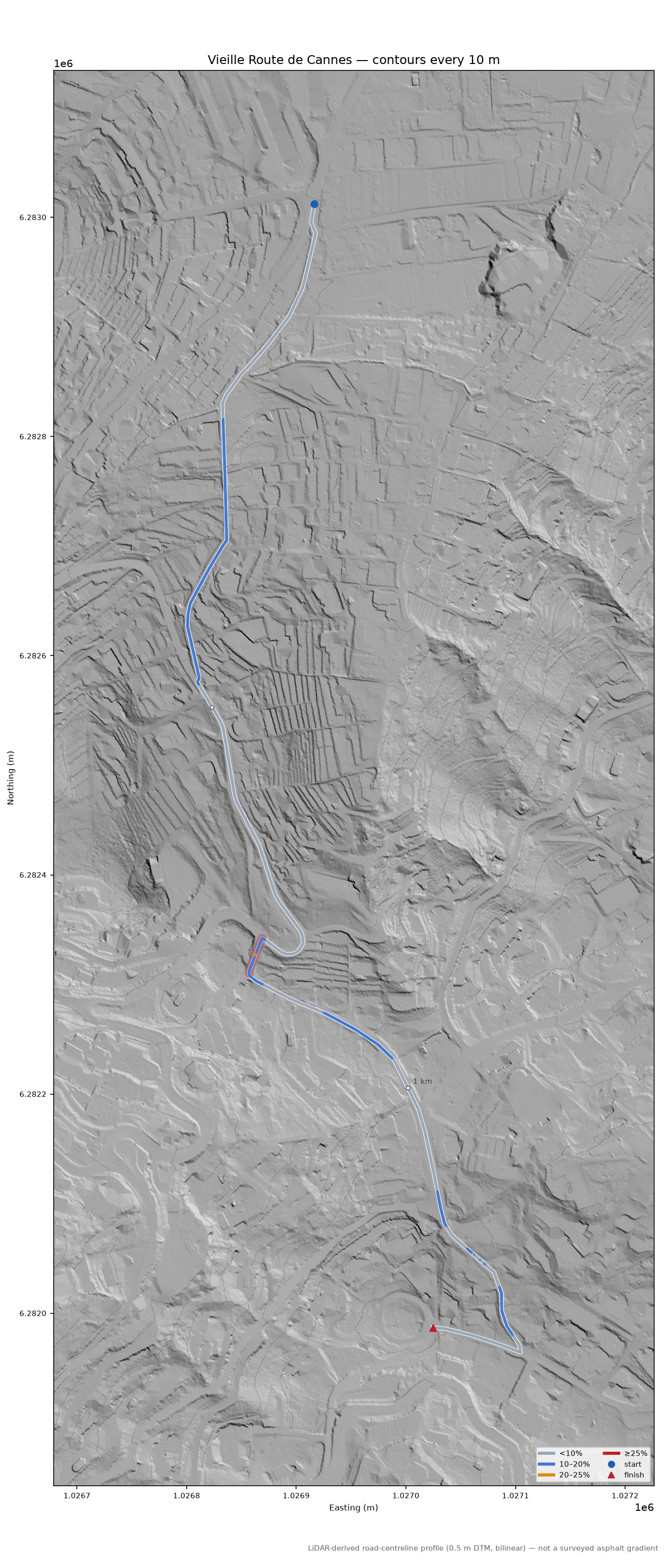 Vieille Route de Cannes LiDAR hillshade map with contours