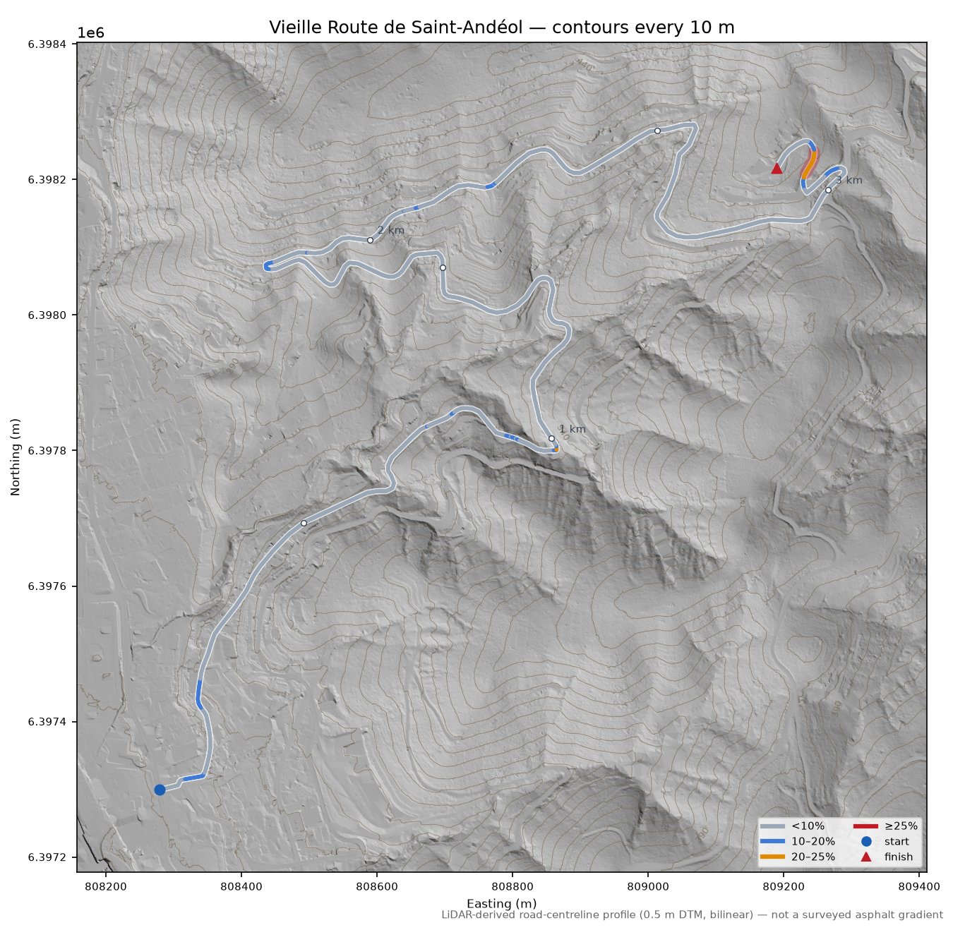 Vieille Route de Saint-Andéol LiDAR hillshade map with contours