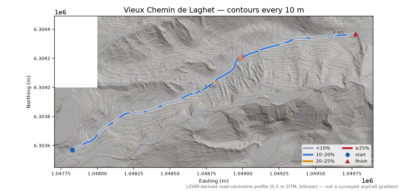Vieux Chemin de Laghet LiDAR hillshade map with contours