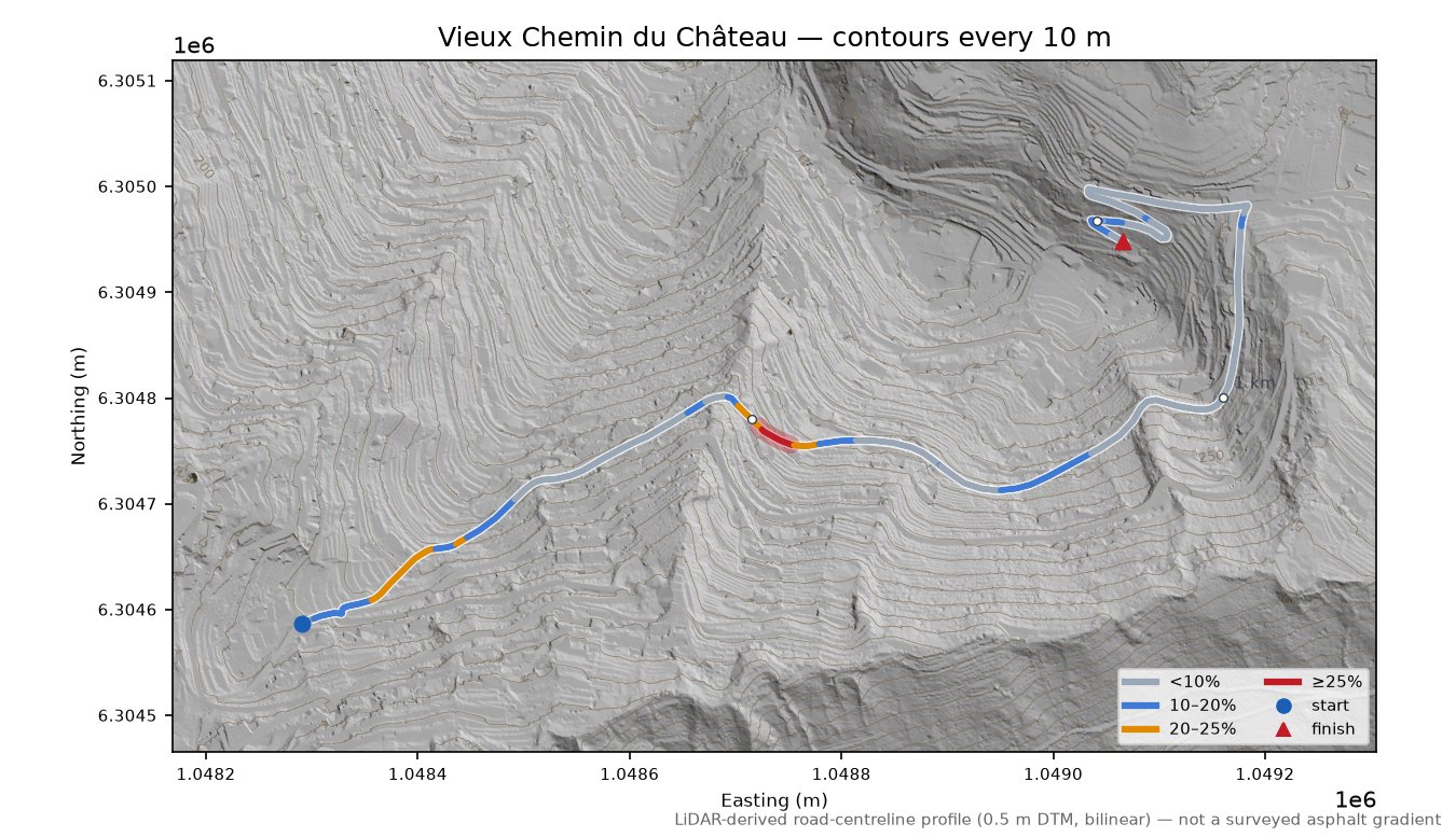 Vieux Chemin du Château LiDAR hillshade map with contours