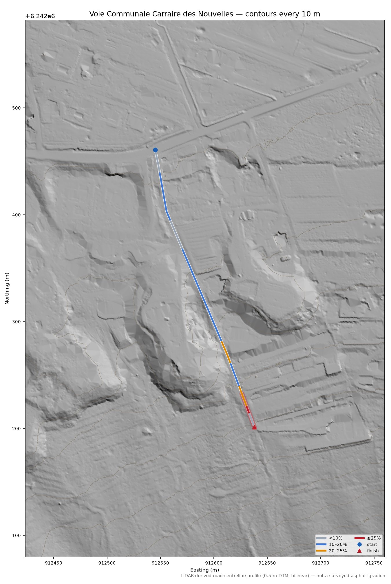 Voie Communale Carraire des Nouvelles LiDAR hillshade map with contours