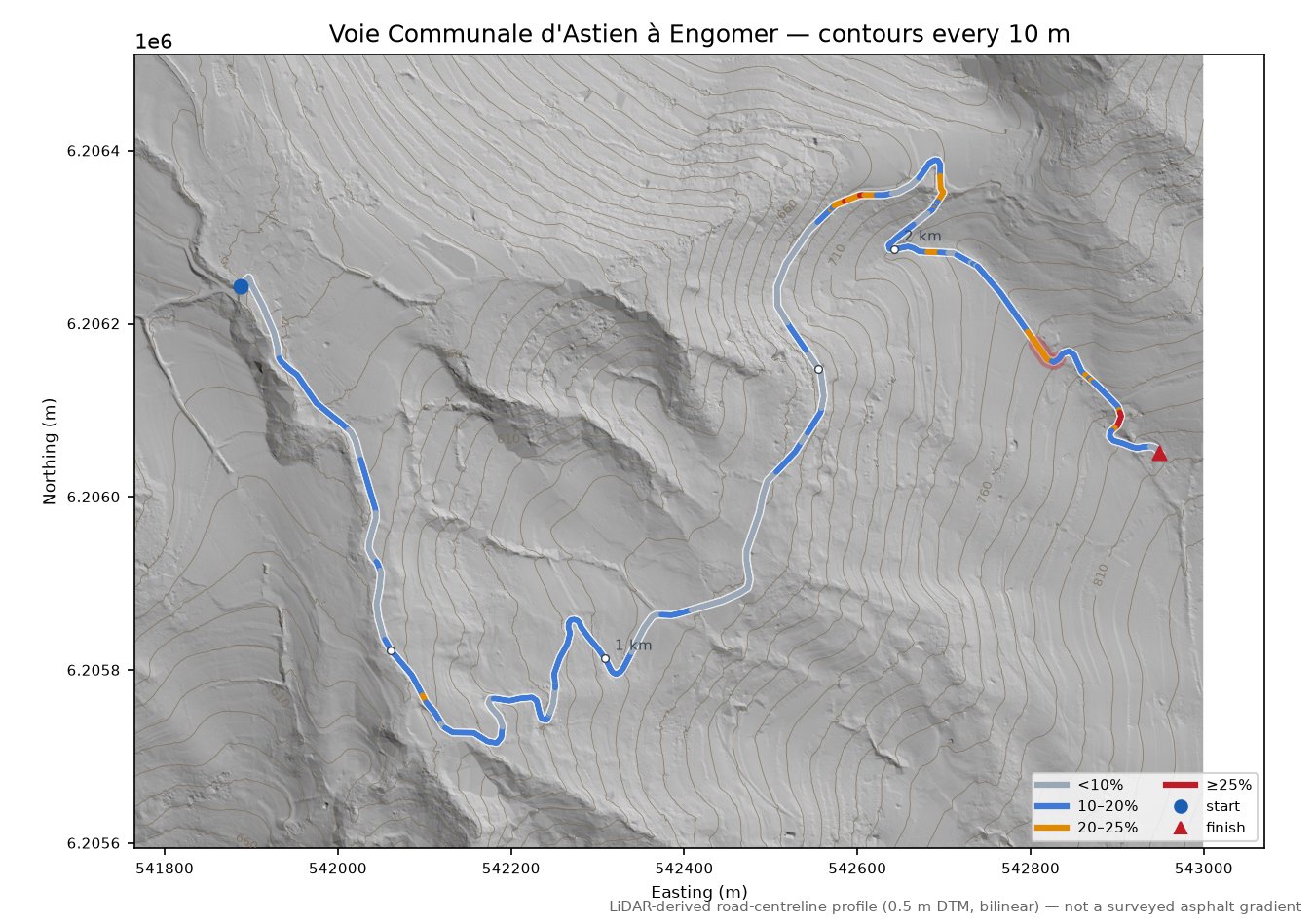 Voie Communale d'Astien à Engomer LiDAR hillshade map with contours