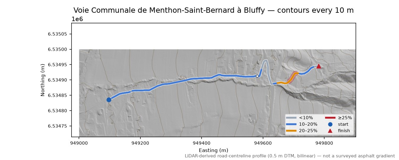 Voie Communale de Menthon-Saint-Bernard à Bluffy LiDAR hillshade map with contours