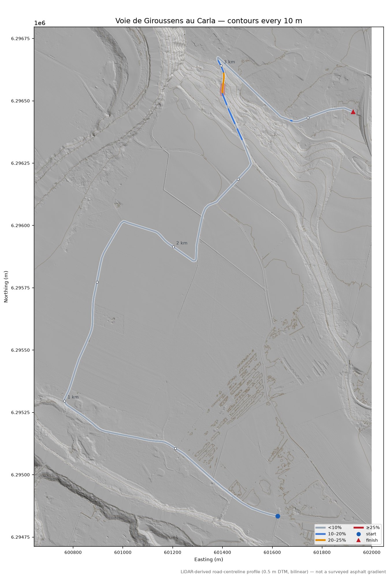 Voie de Giroussens au Carla LiDAR hillshade map with contours