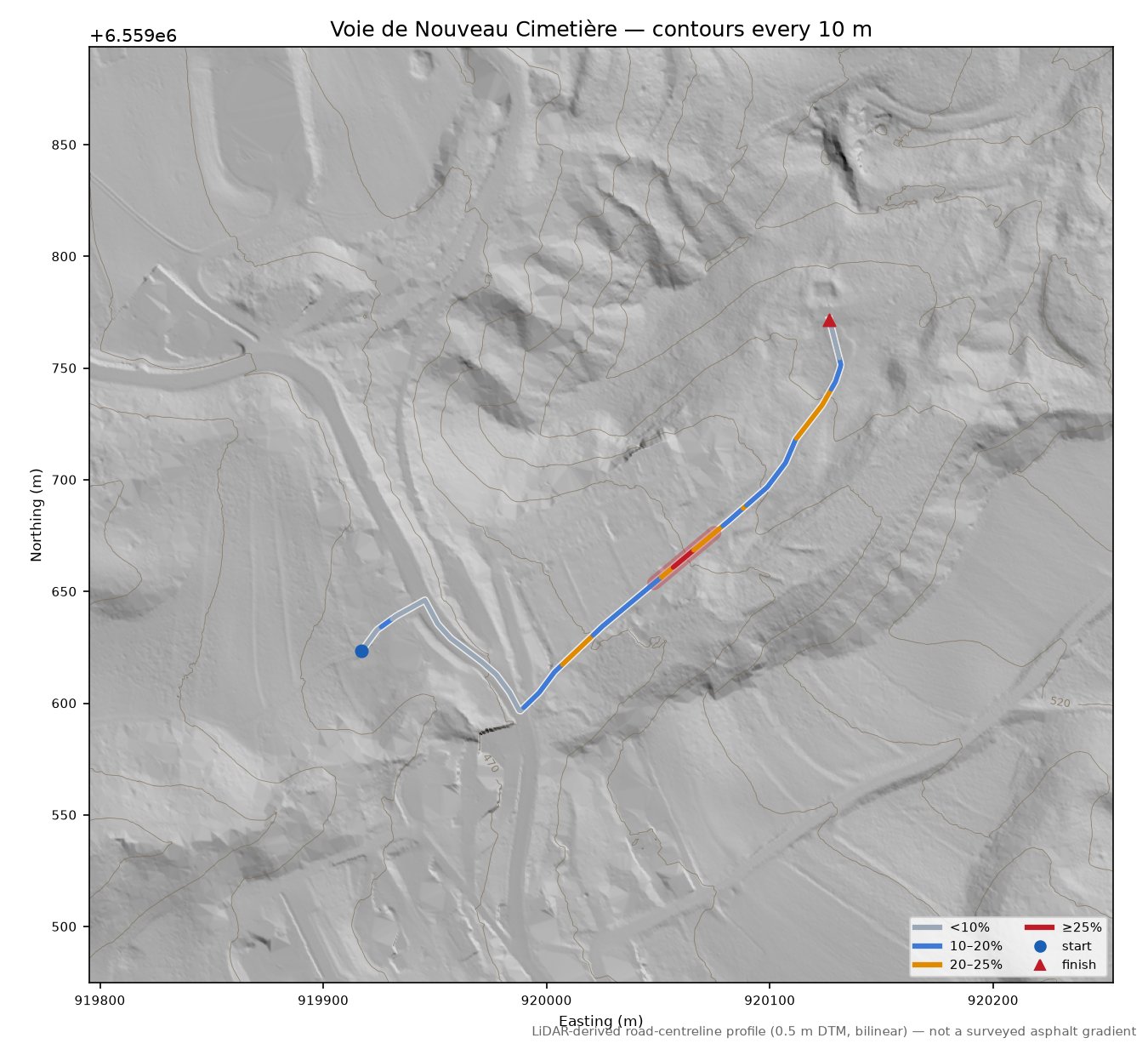 Voie de Nouveau Cimetière LiDAR hillshade map with contours