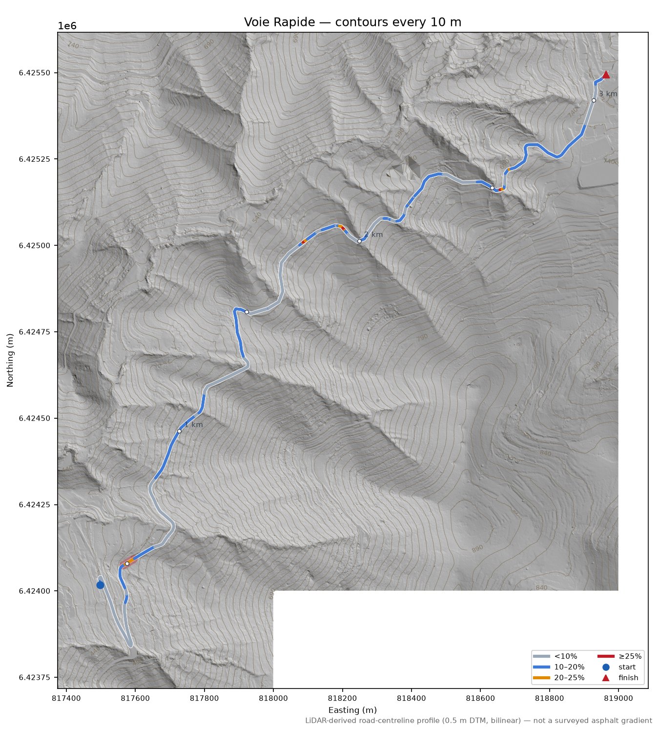 Voie Rapide LiDAR hillshade map with contours