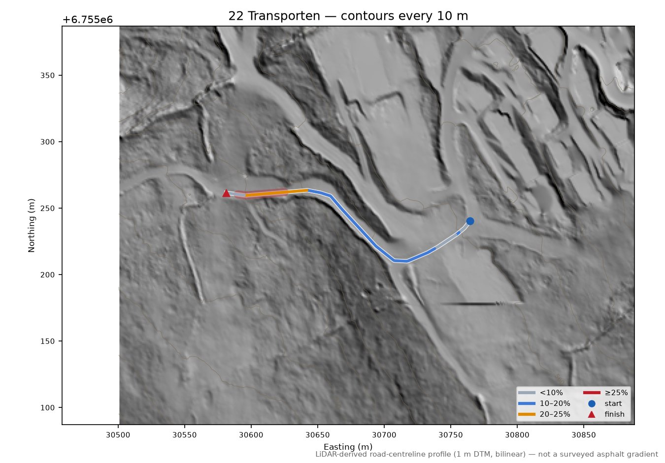 22 Transporten LiDAR hillshade map with contours