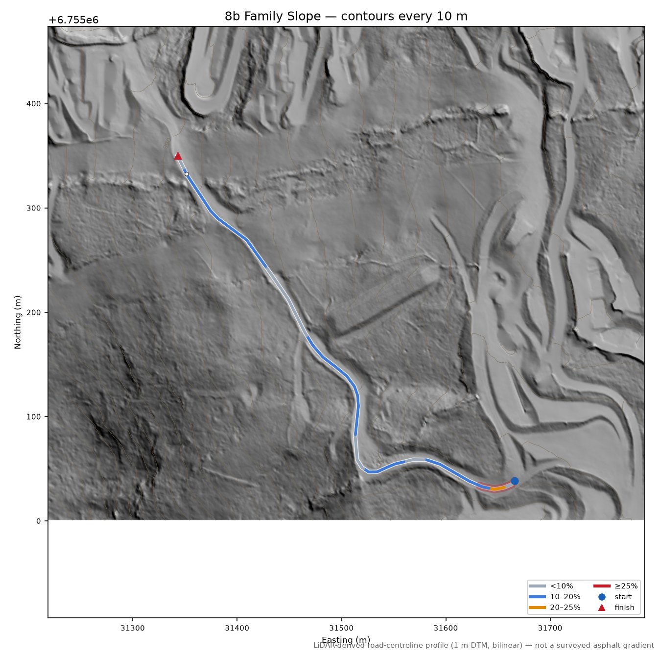 8b Family Slope LiDAR hillshade map with contours