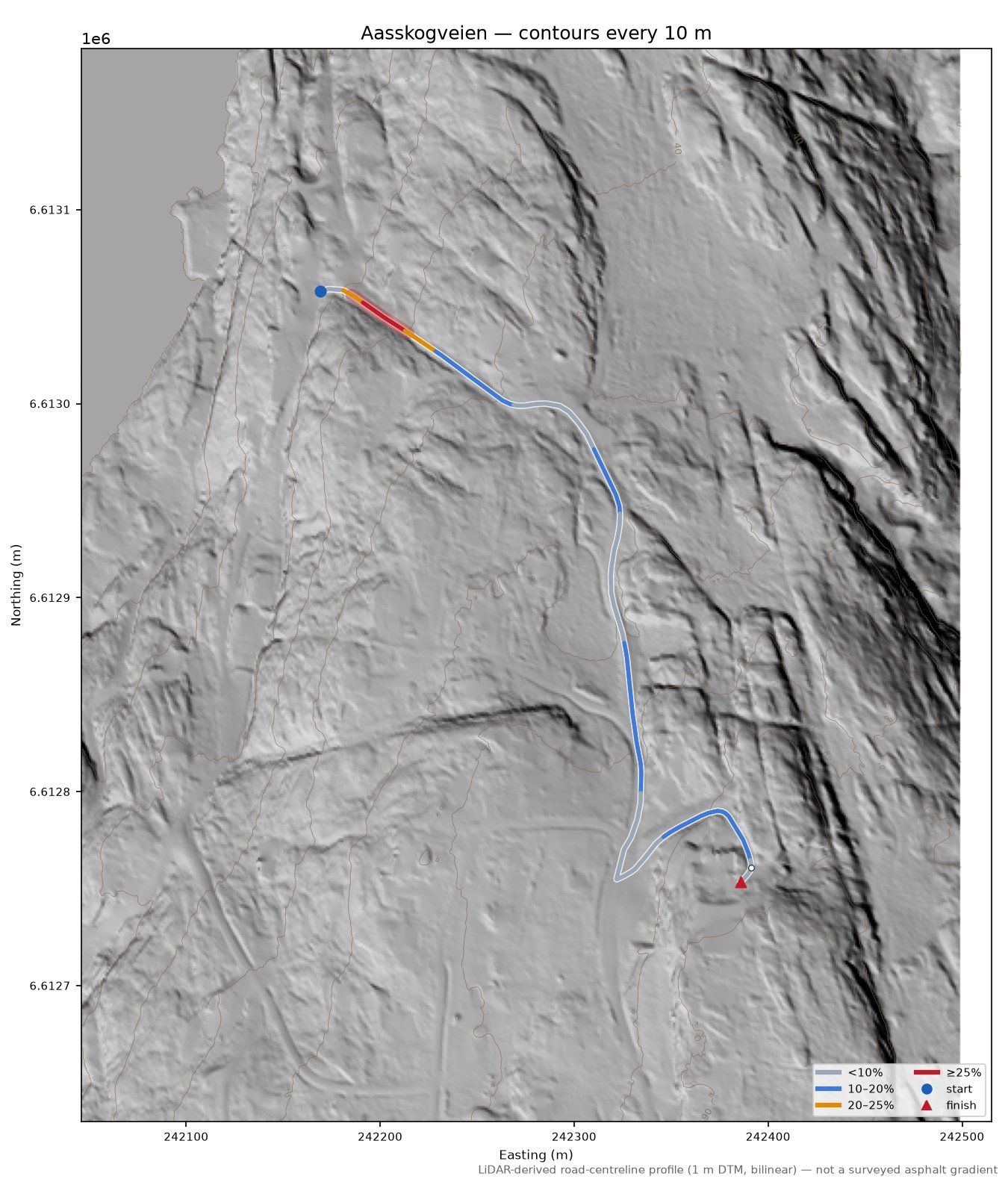Aasskogveien LiDAR hillshade map with contours