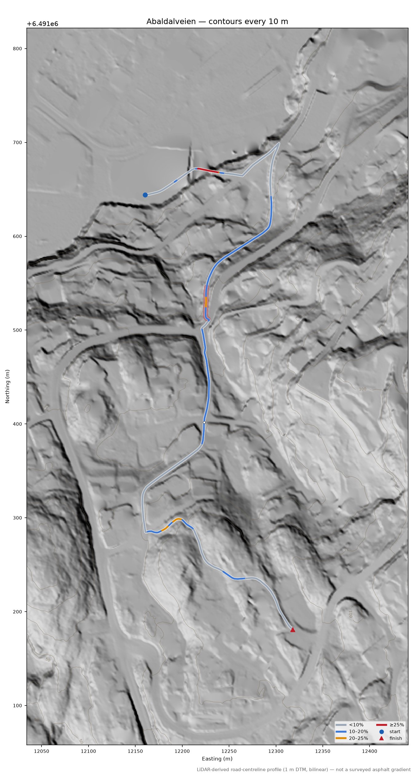 Abaldalveien LiDAR hillshade map with contours