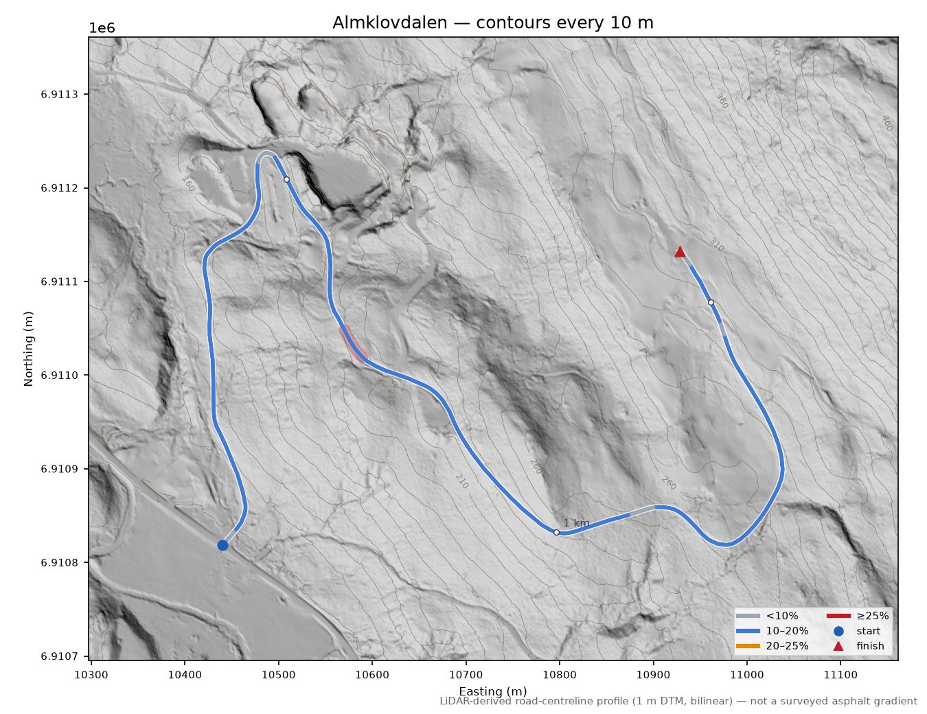 Almklovdalen LiDAR hillshade map with contours