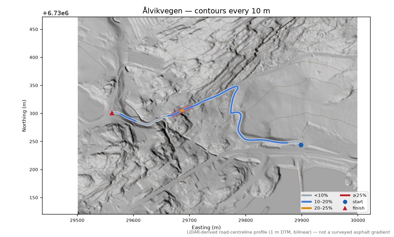 Ålvikvegen LiDAR hillshade map with contours