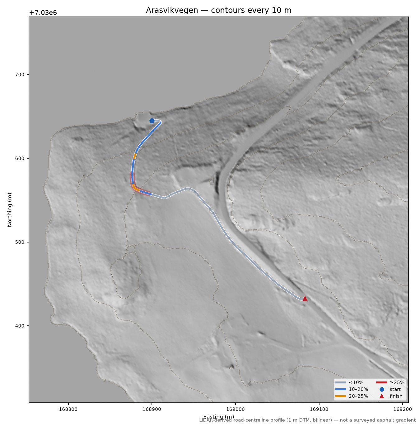 Arasvikvegen LiDAR hillshade map with contours
