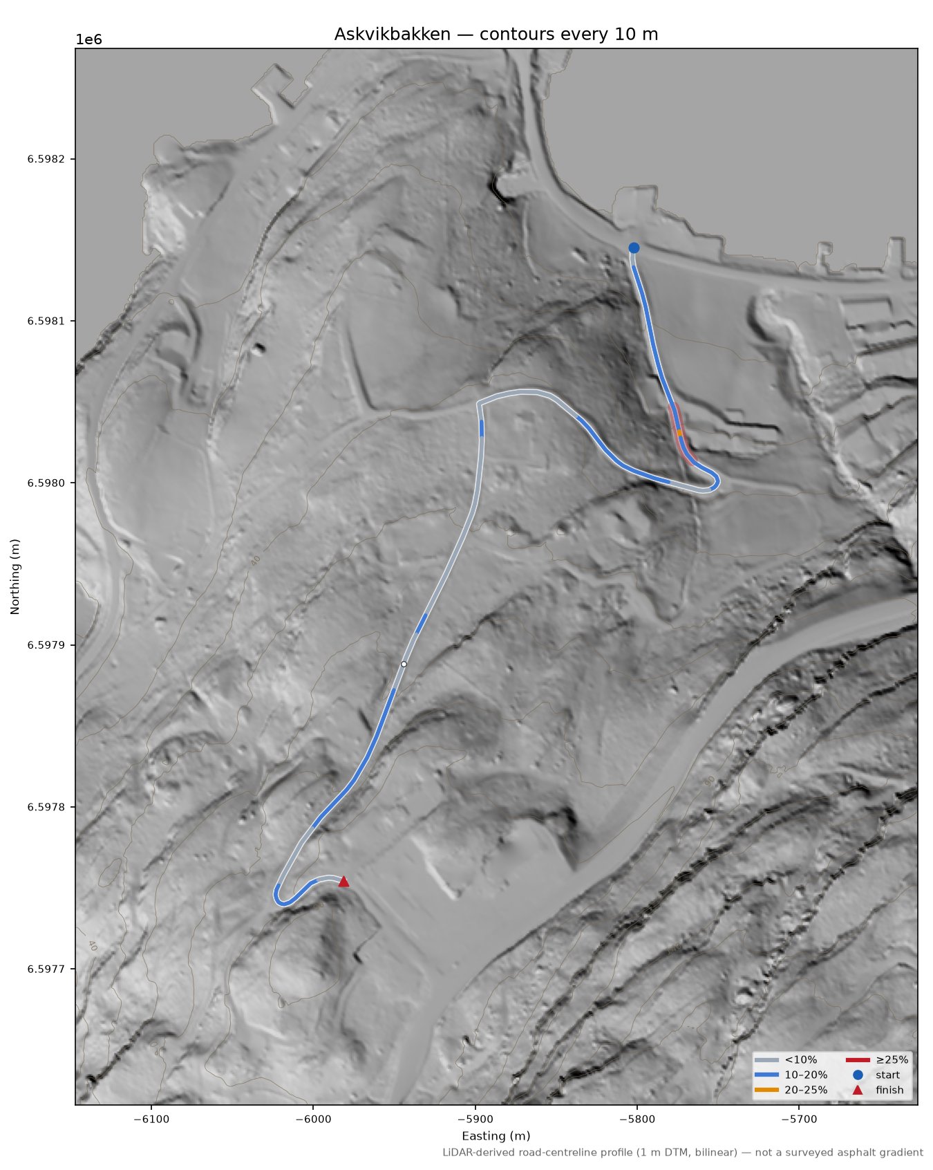Askvikbakken LiDAR hillshade map with contours