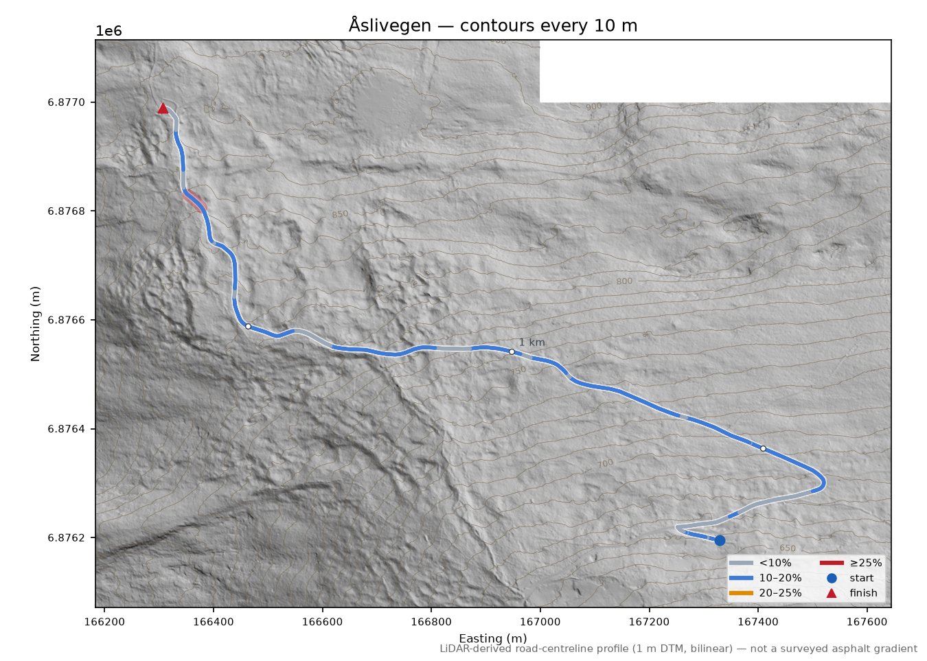 Åslivegen LiDAR hillshade map with contours