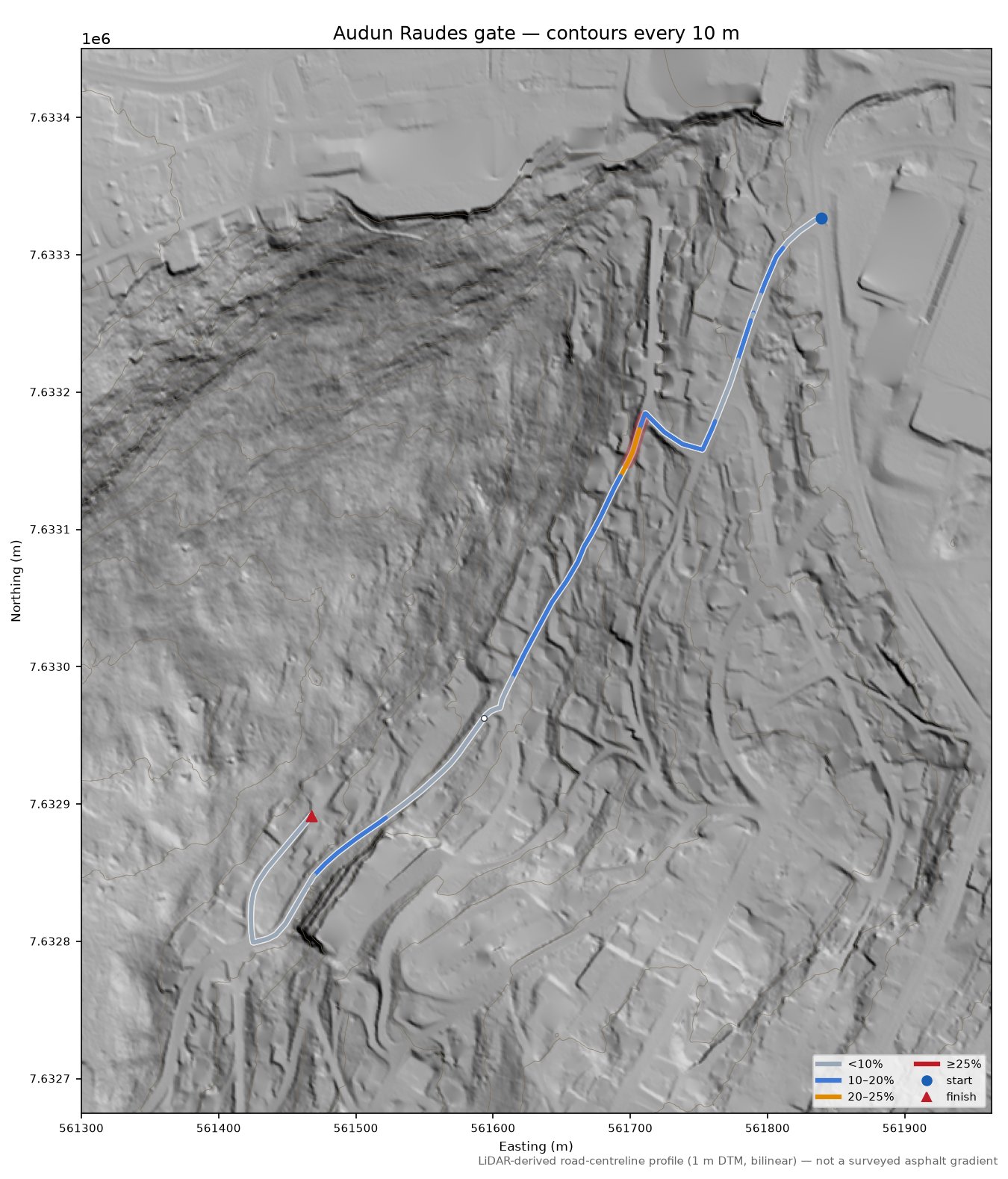Audun Raudes gate LiDAR hillshade map with contours