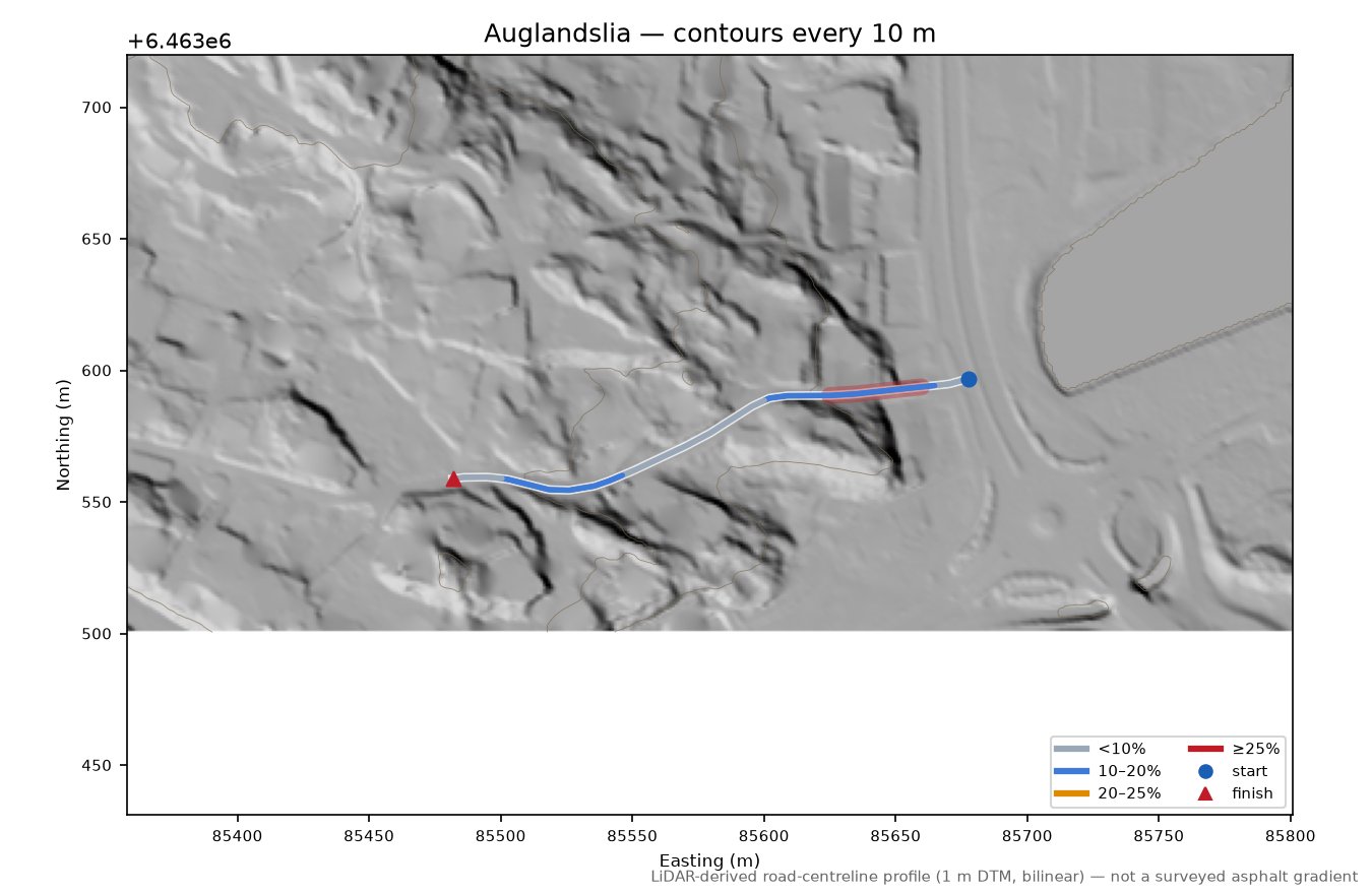 Auglandslia LiDAR hillshade map with contours