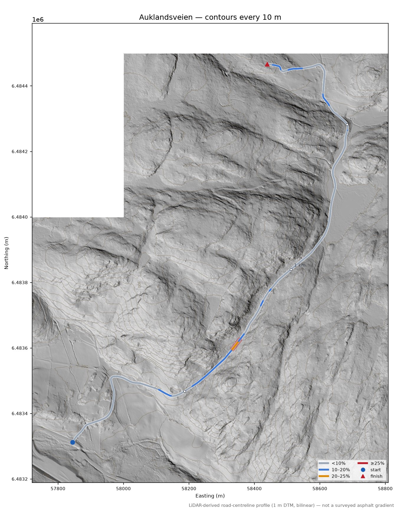 Auklandsveien LiDAR hillshade map with contours