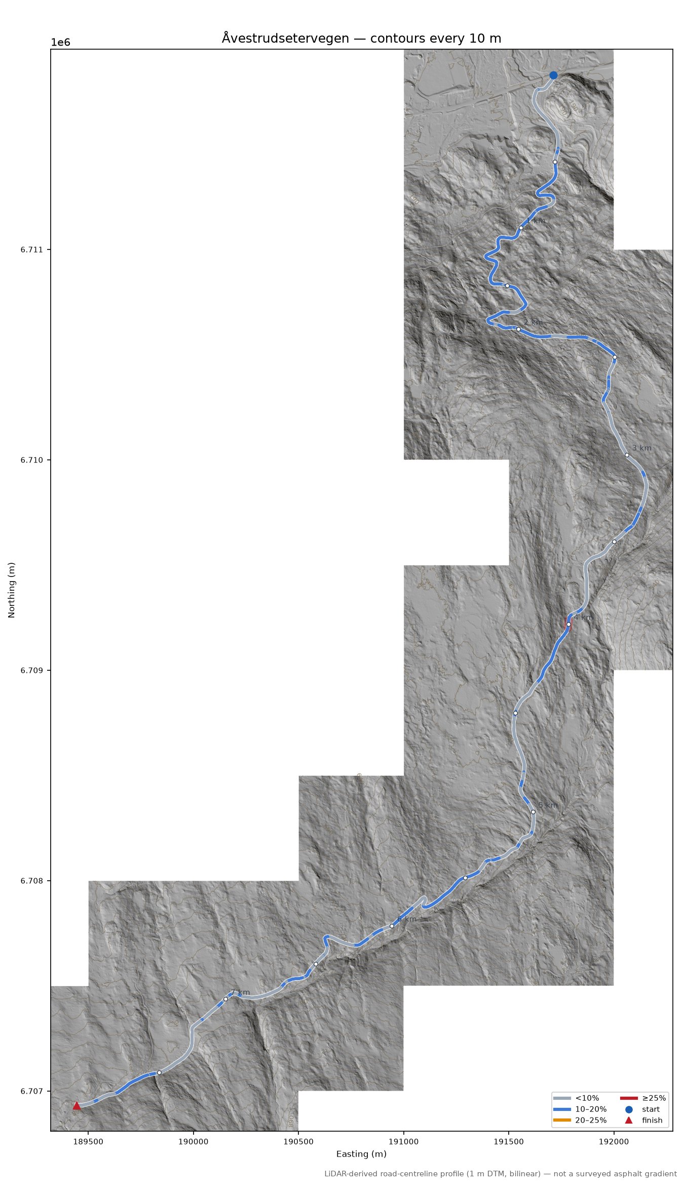Åvestrudsetervegen LiDAR hillshade map with contours