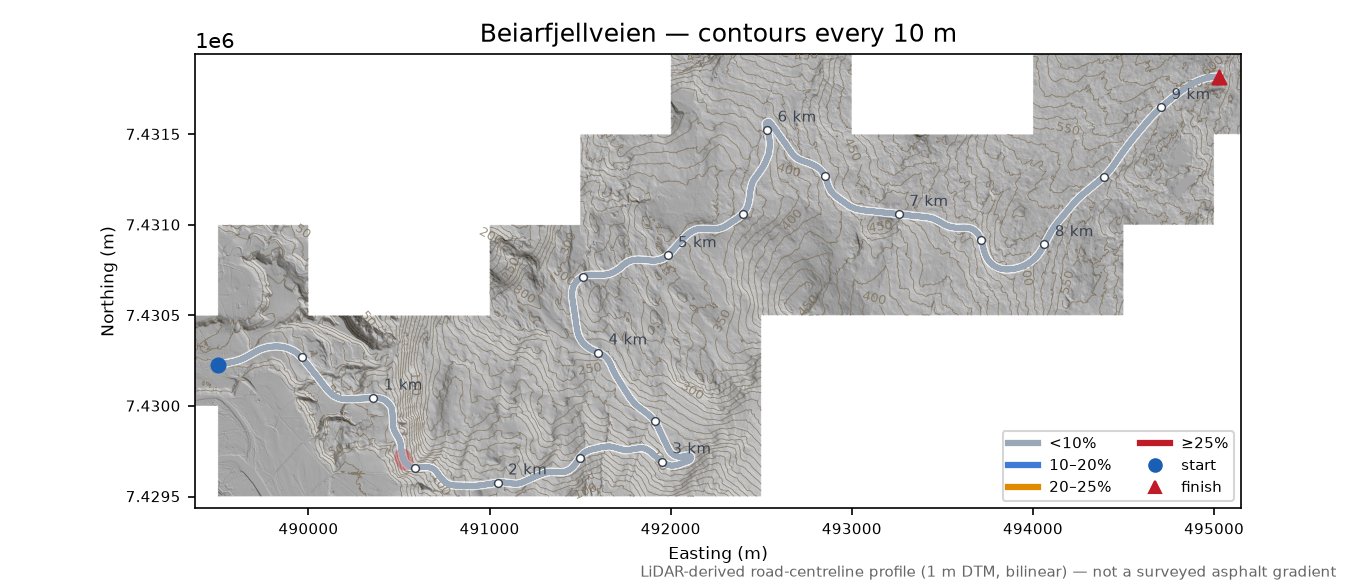 Beiarfjellveien LiDAR hillshade map with contours