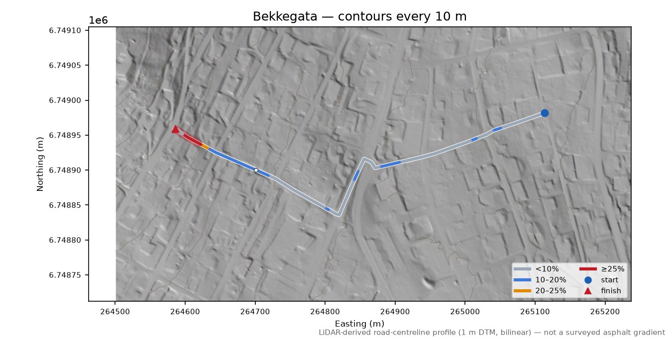 Solåsvegen LiDAR hillshade map with contours