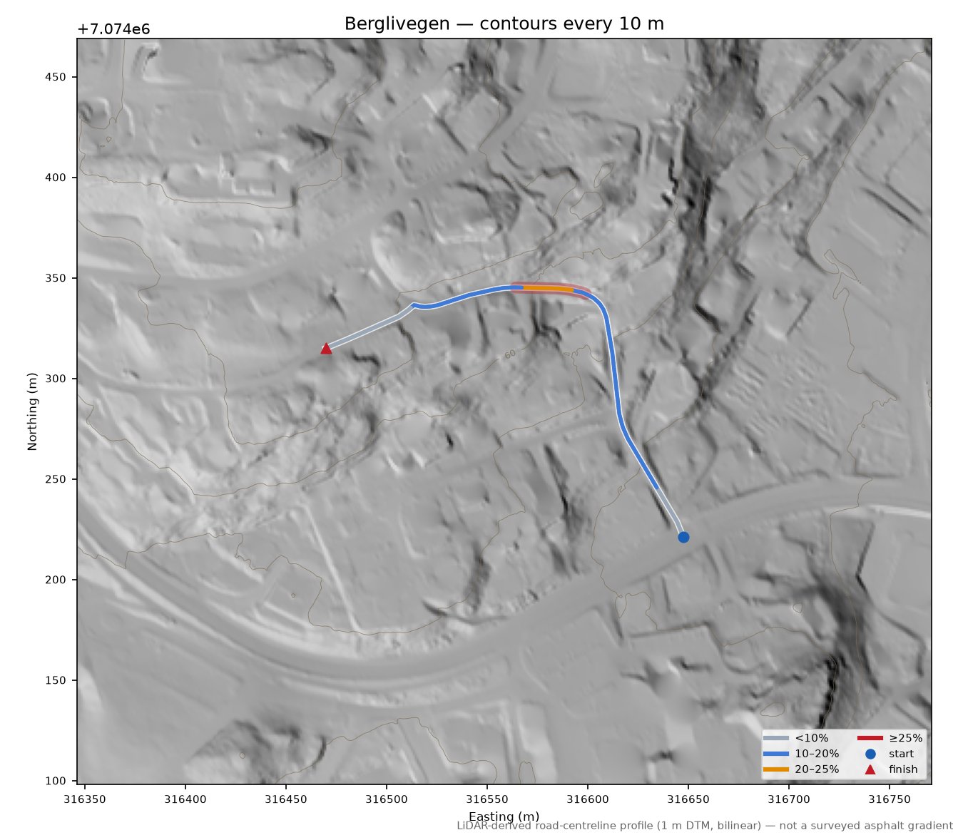 Berglivegen LiDAR hillshade map with contours