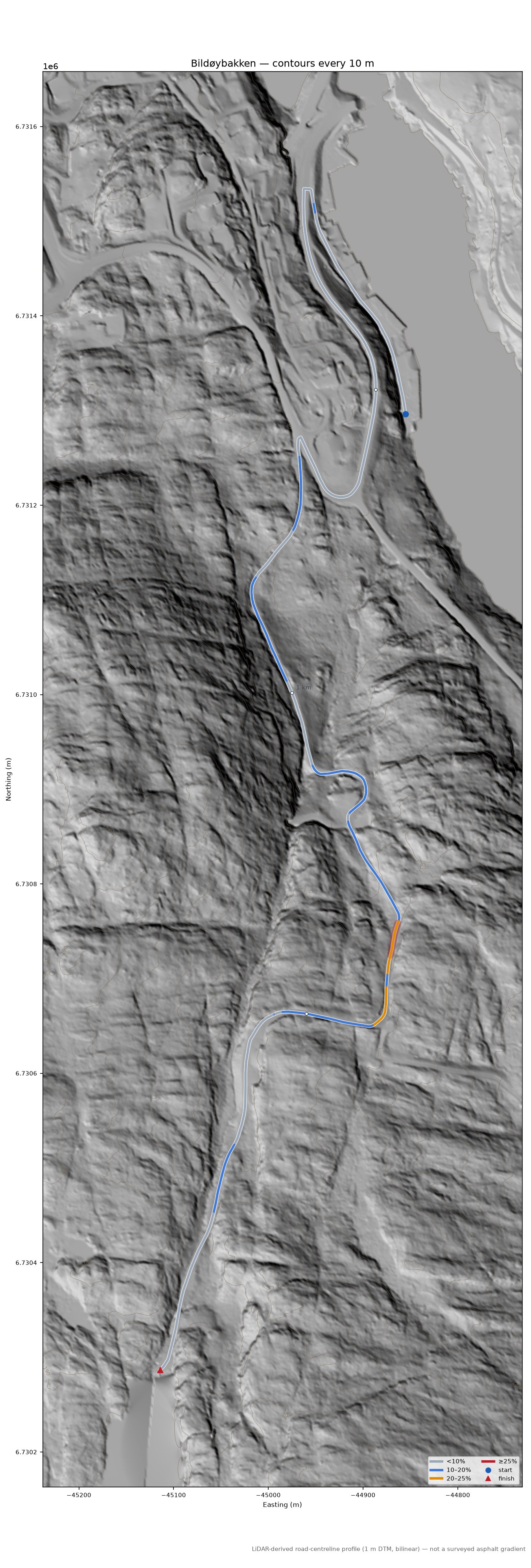 Bildøybakken LiDAR hillshade map with contours