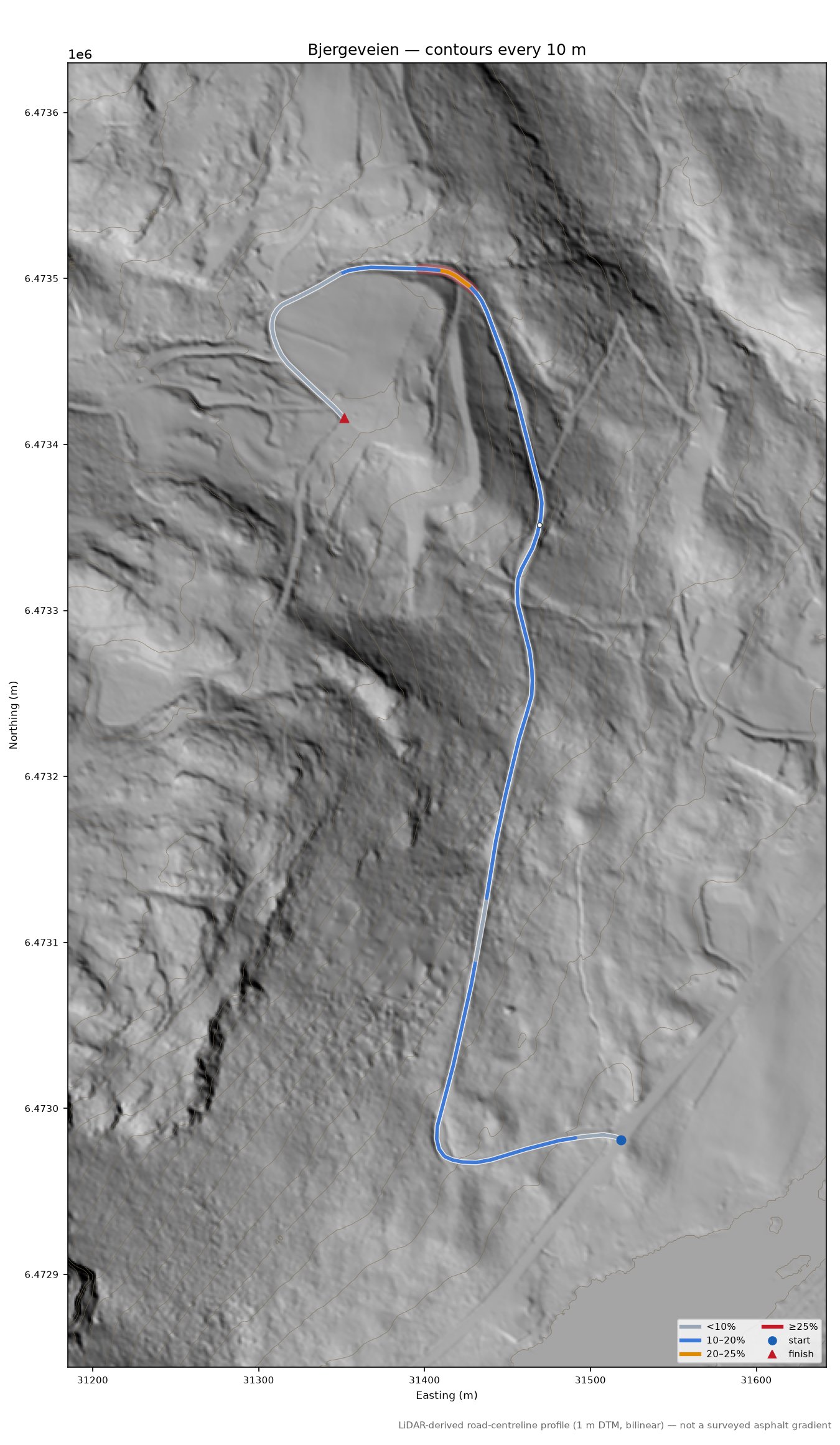 Bjergeveien LiDAR hillshade map with contours