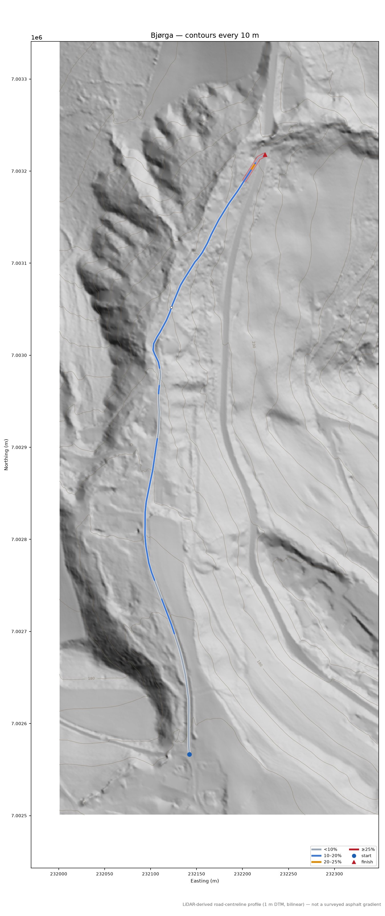 Bjørga LiDAR hillshade map with contours