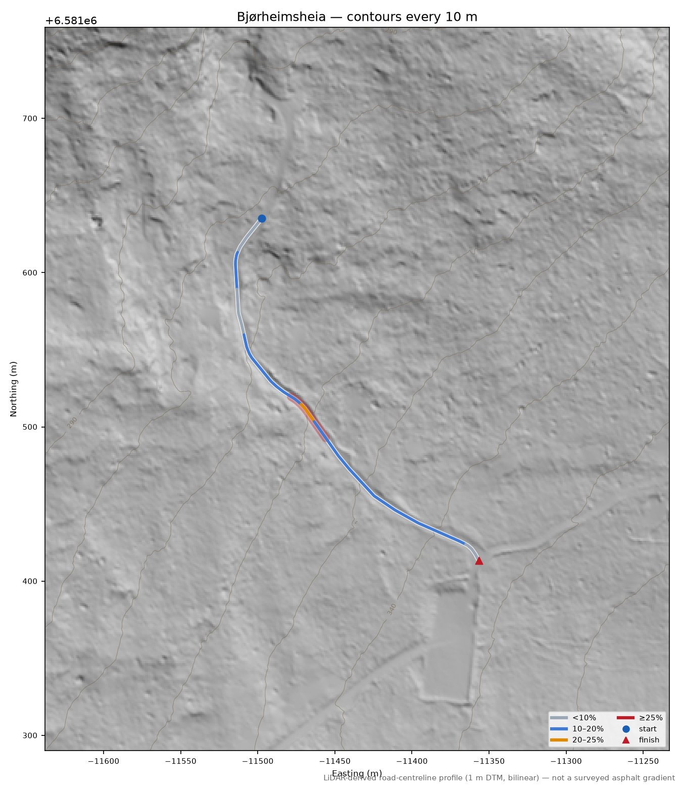 Bjørheimsheia LiDAR hillshade map with contours