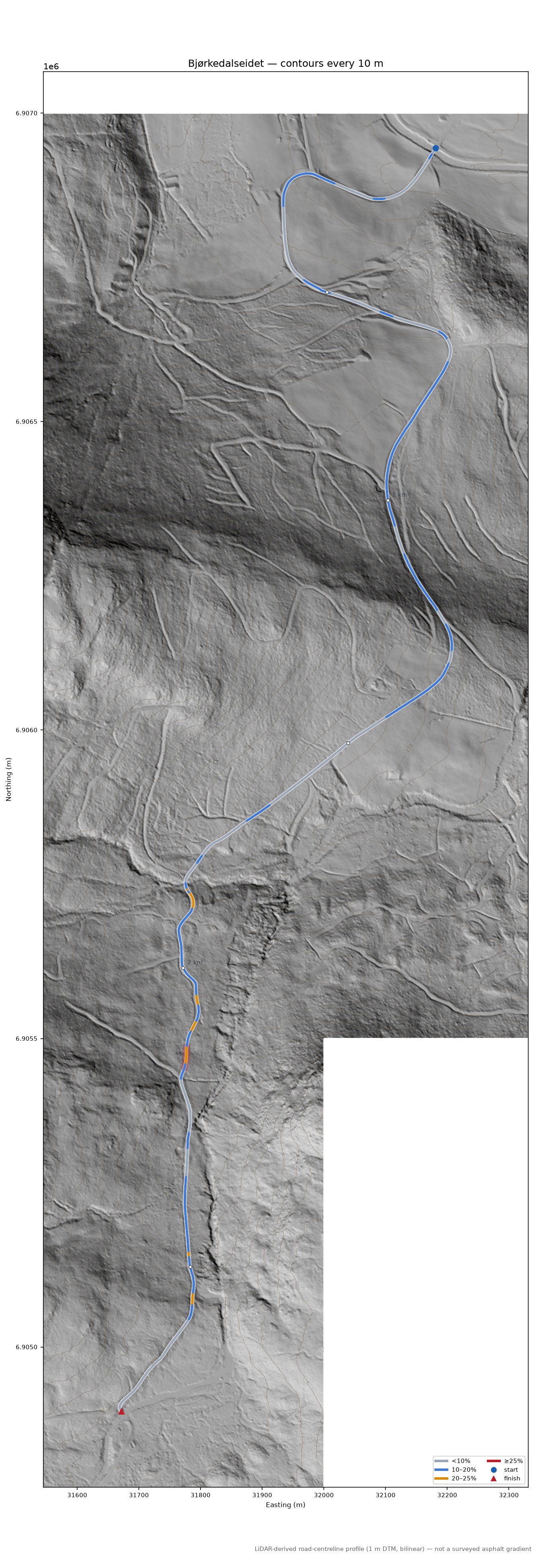 Bjørkedalseidet LiDAR hillshade map with contours