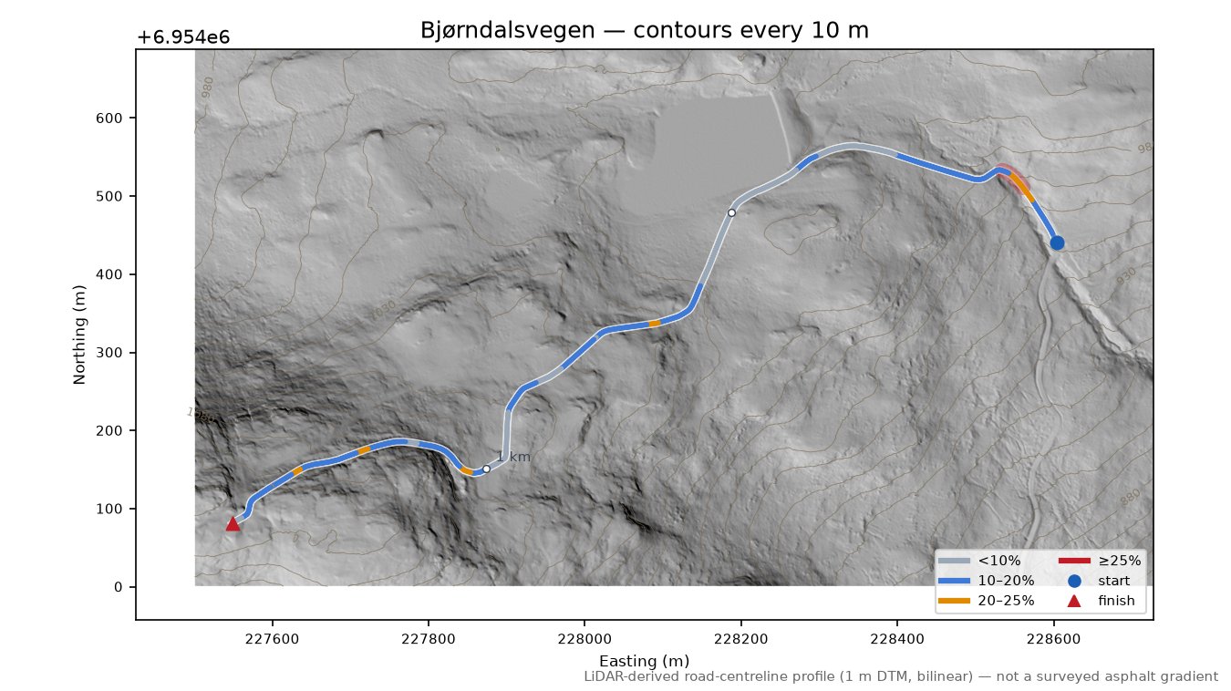 Bjørndalsvegen LiDAR hillshade map with contours