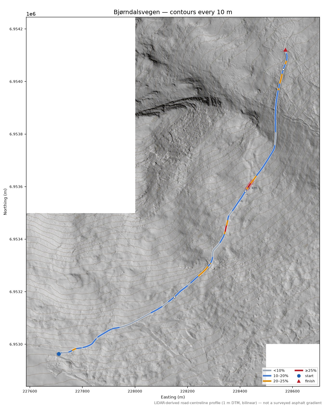 Bjørndalsvegen LiDAR hillshade map with contours