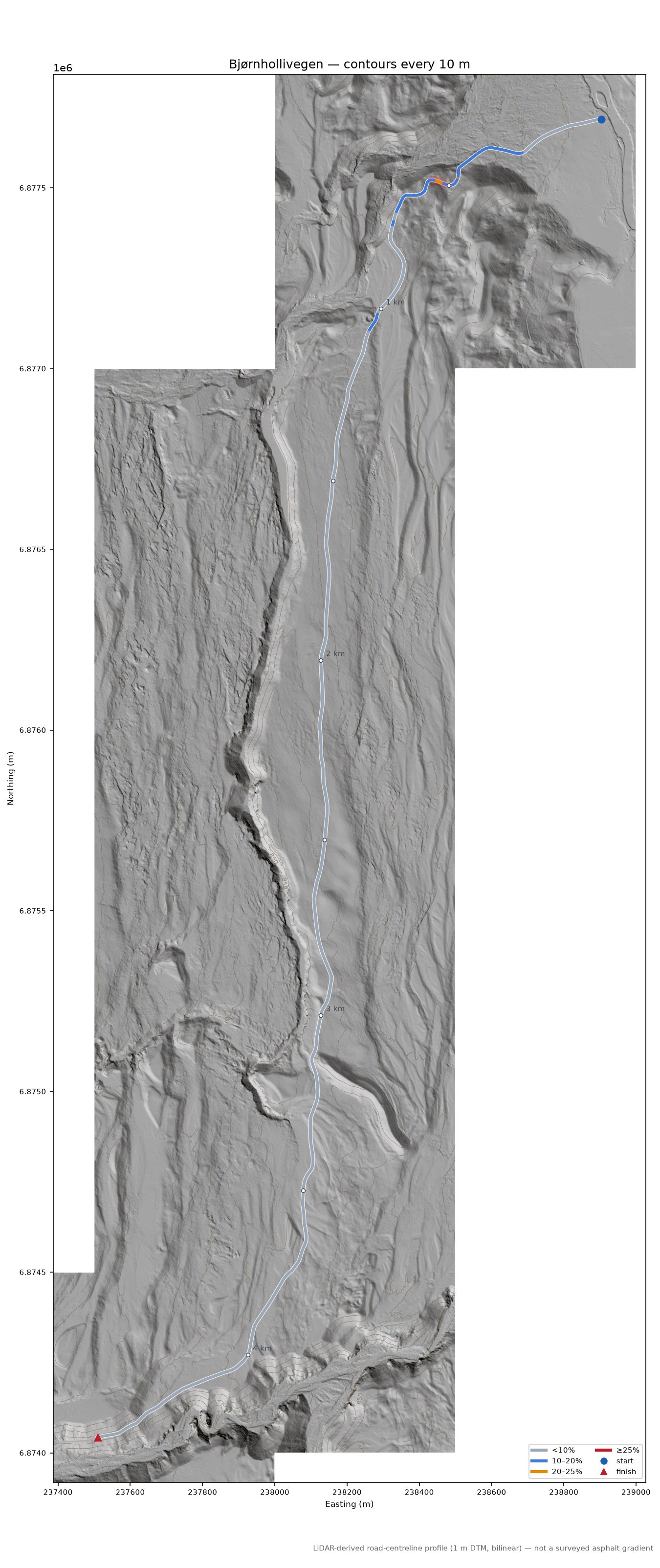 Bjørnhollivegen LiDAR hillshade map with contours